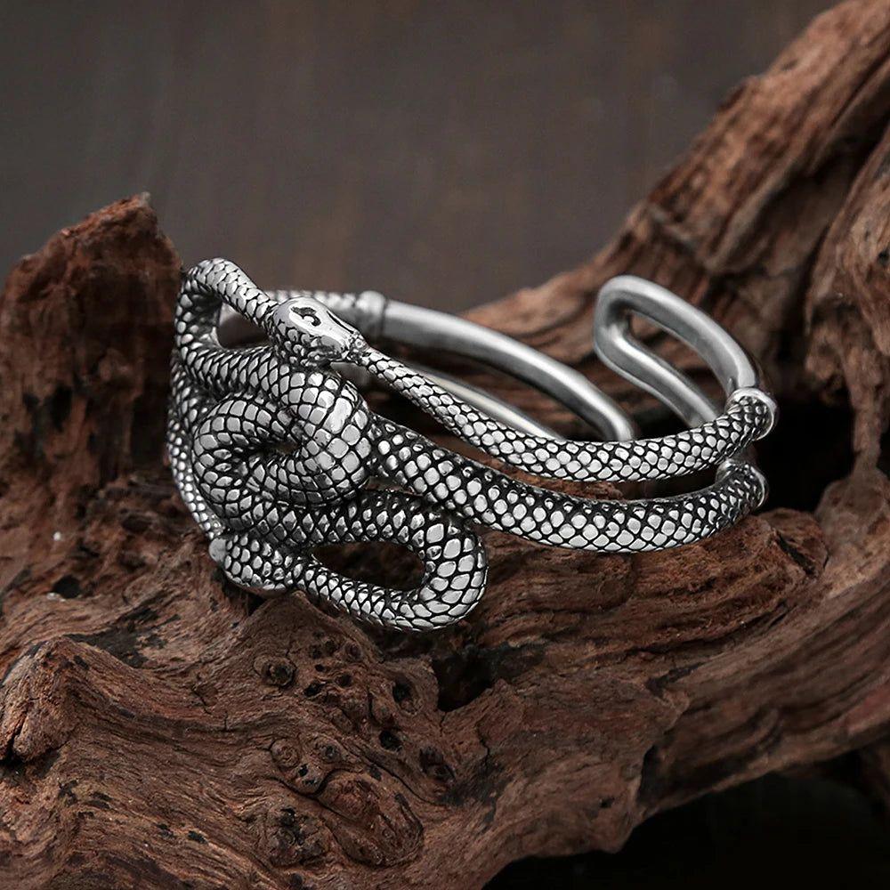 Vintage-Inspired Stainless Steel Double Snake Cuff Bracelet for Men - Punk Animal Design Jewelry Gift