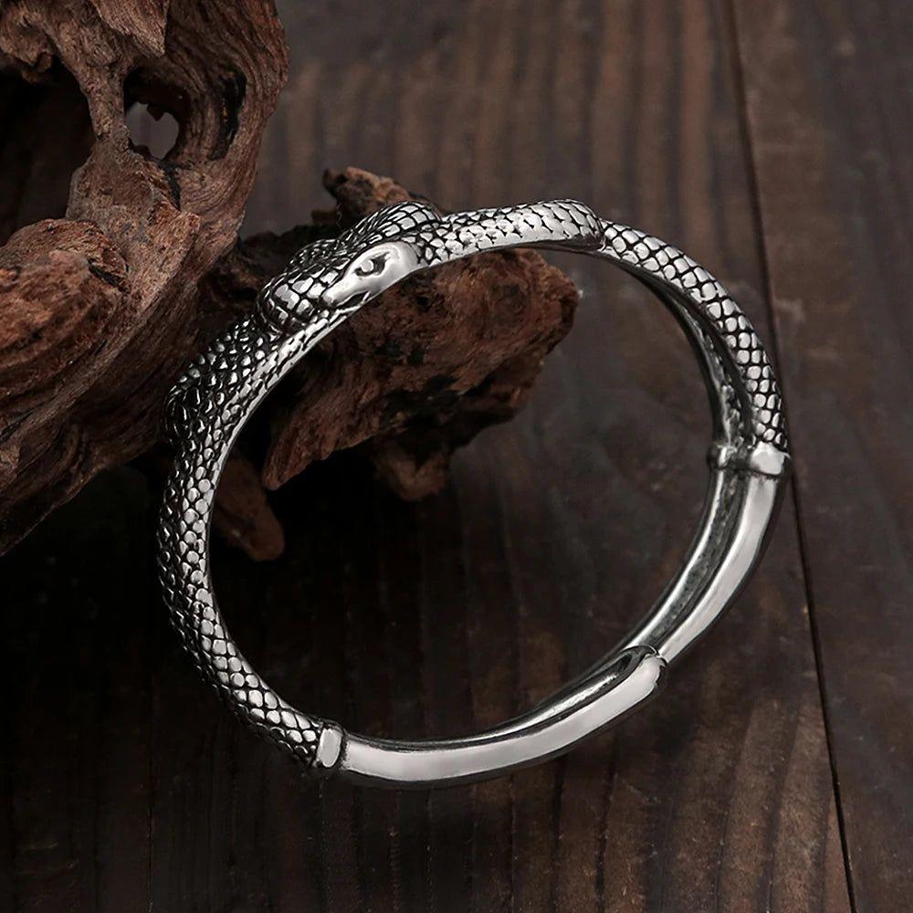 Vintage-Inspired Stainless Steel Double Snake Cuff Bracelet for Men - Punk Animal Design Jewelry Gift