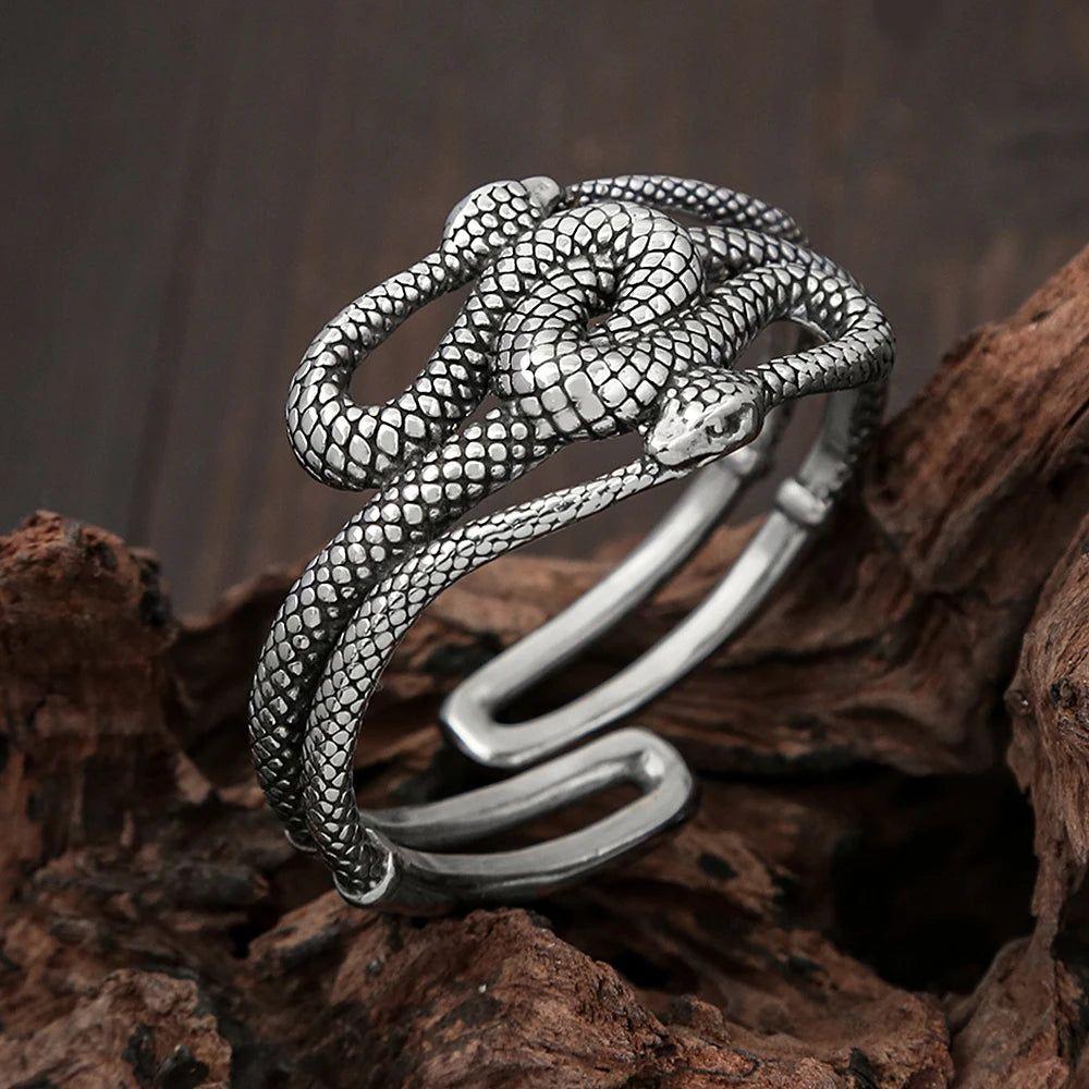 Vintage-Inspired Stainless Steel Double Snake Cuff Bracelet for Men - Punk Animal Design Jewelry Gift