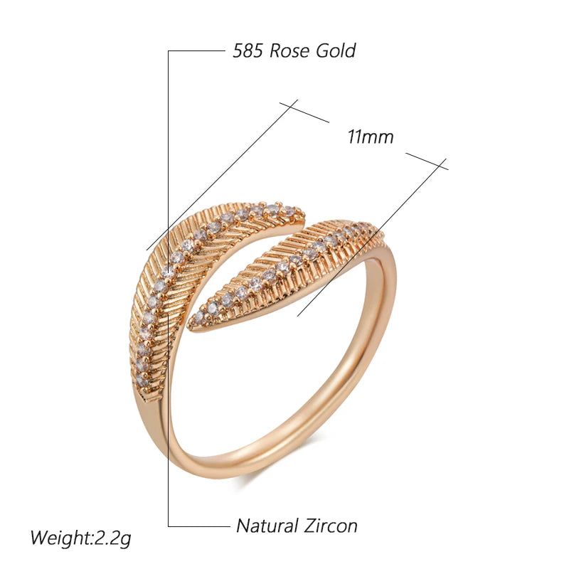 Vintage Leaf Open Ring with Natural Zircon in Luxurious 585 Rose Gold Finish