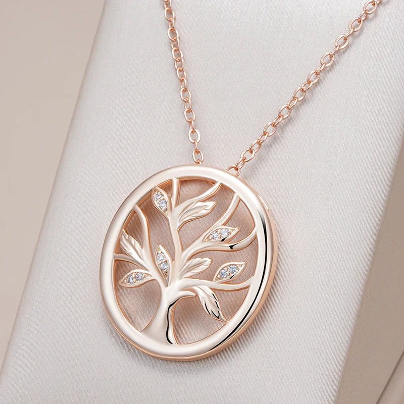 Vintage Lucky Tree Pendant Necklace in 585 Rose Gold with Natural Zircon Accents