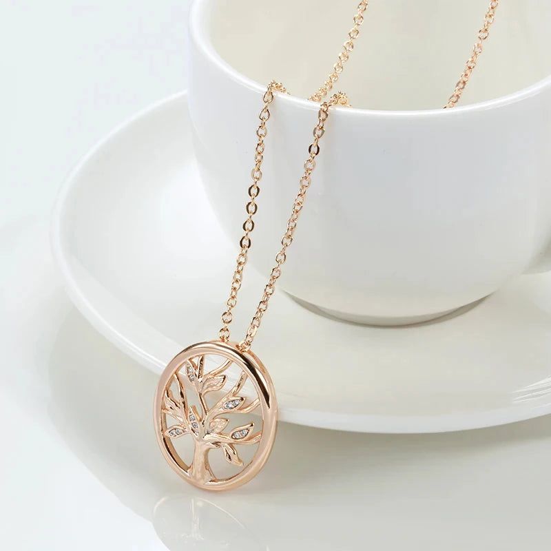 Vintage Lucky Tree Pendant Necklace in 585 Rose Gold with Natural Zircon Accents