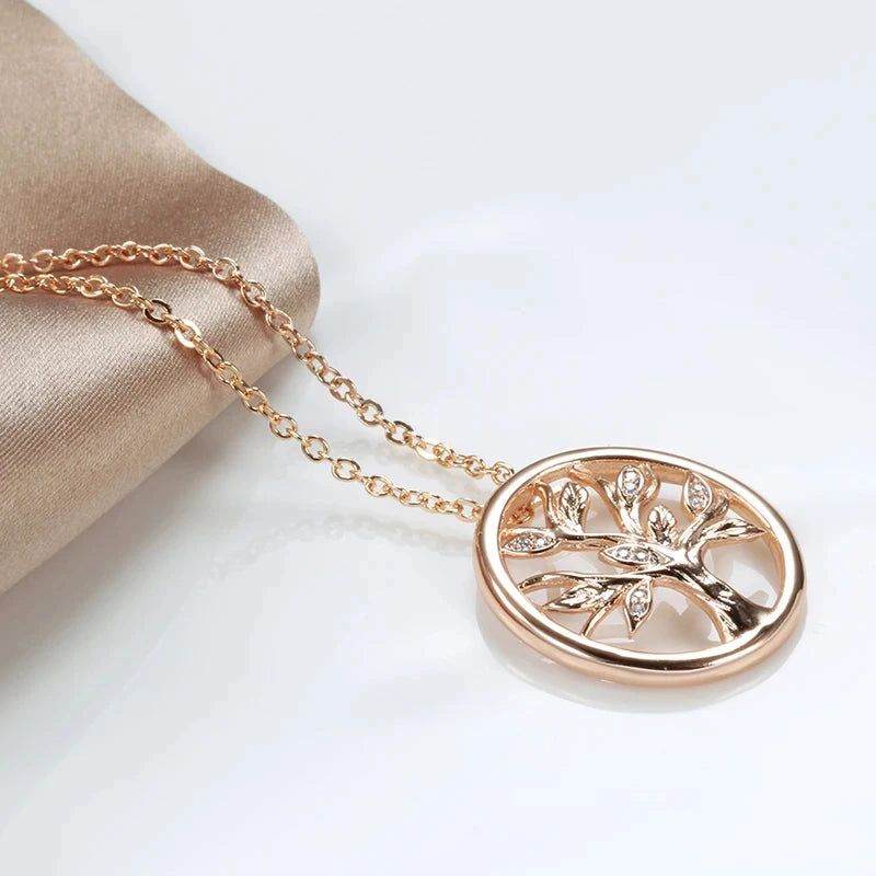 Vintage Lucky Tree Pendant Necklace in 585 Rose Gold with Natural Zircon Accents