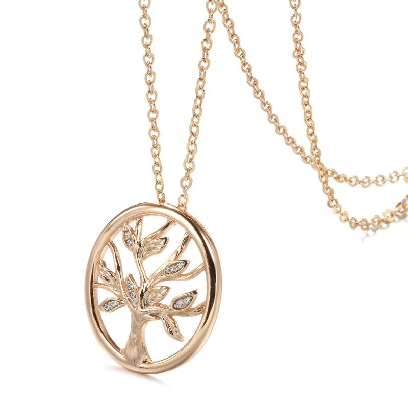 Vintage Lucky Tree Pendant Necklace in 585 Rose Gold with Natural Zircon Accents