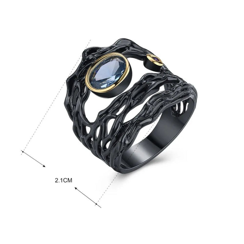 Vintage Neo-Gothic Black Gold Braided Ring with Sea Blue Zirconia