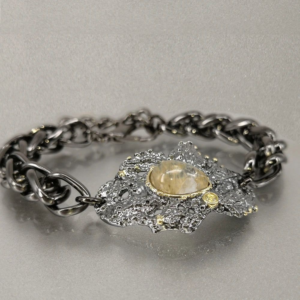 Vintage Neo-Gothic Exaggerated Bracelet with Rough Surface and Watermelon Zircon