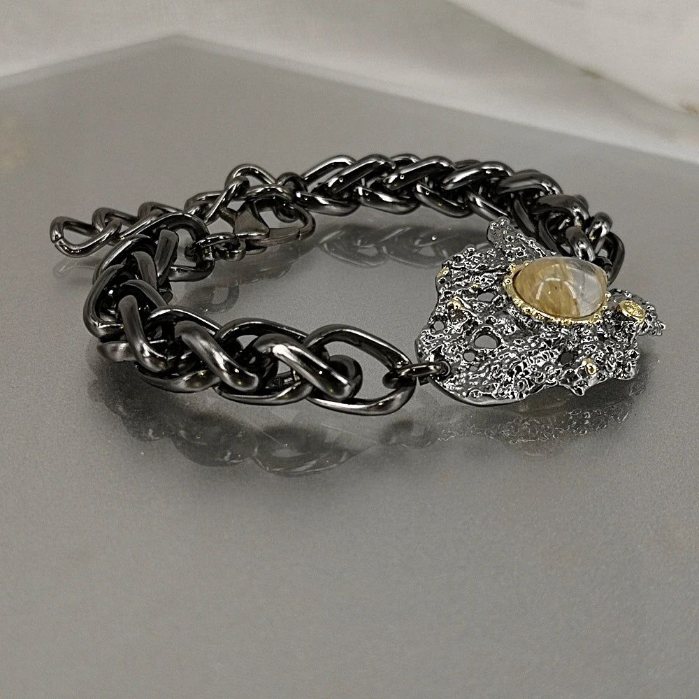 Vintage Neo-Gothic Exaggerated Bracelet with Rough Surface and Watermelon Zircon