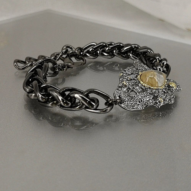 Vintage Neo-Gothic Exaggerated Bracelet with Rough Surface and Watermelon Zircon