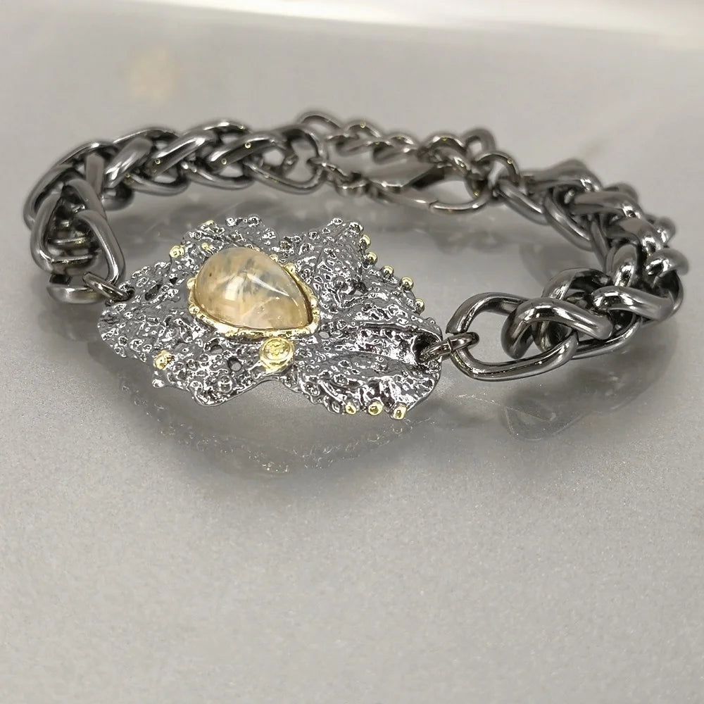 Vintage Neo-Gothic Exaggerated Bracelet with Rough Surface and Watermelon Zircon