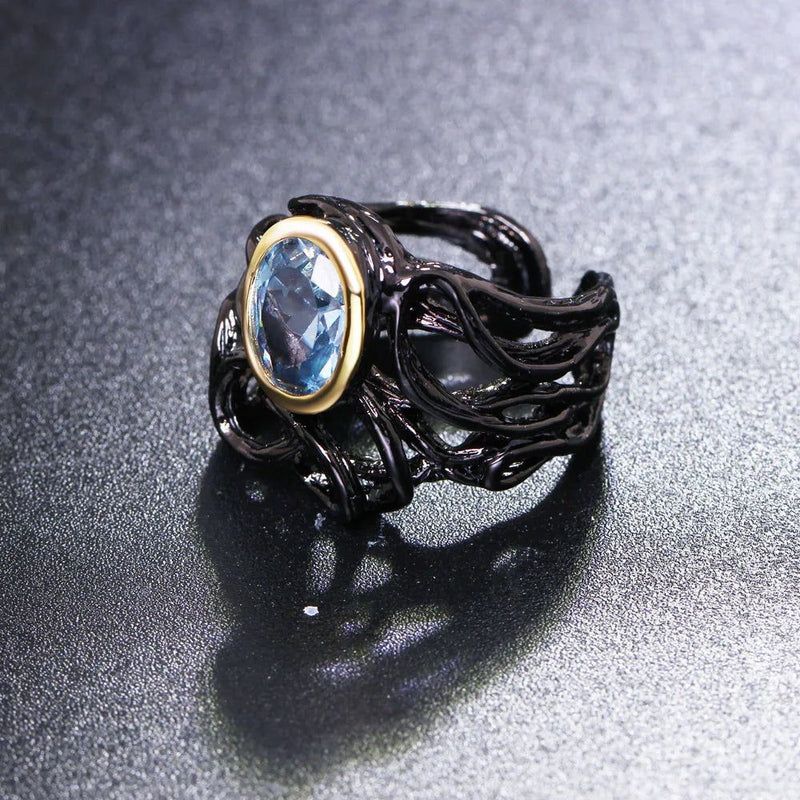 Vintage Neo-Gothic Sea Blue Oval Zirconia Cocktail Ring in Black Gold Finish