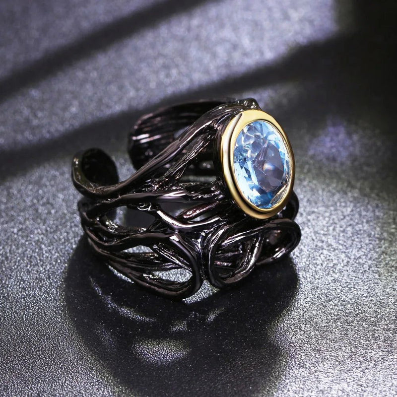 Vintage Neo-Gothic Sea Blue Oval Zirconia Cocktail Ring in Black Gold Finish