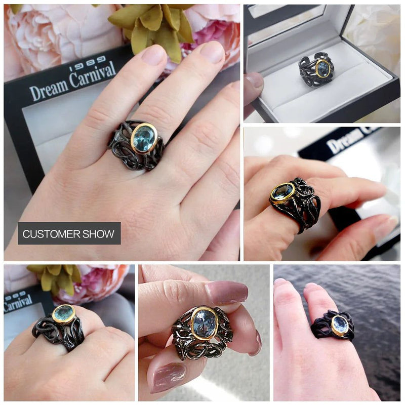 Vintage Neo-Gothic Sea Blue Oval Zirconia Cocktail Ring in Black Gold Finish