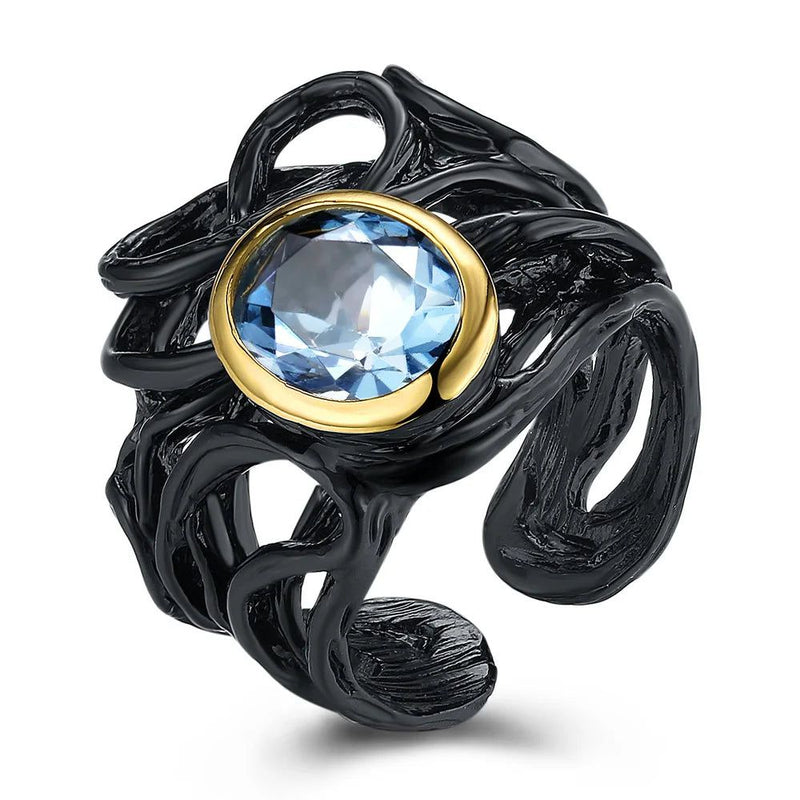 Vintage Neo-Gothic Sea Blue Oval Zirconia Cocktail Ring in Black Gold Finish