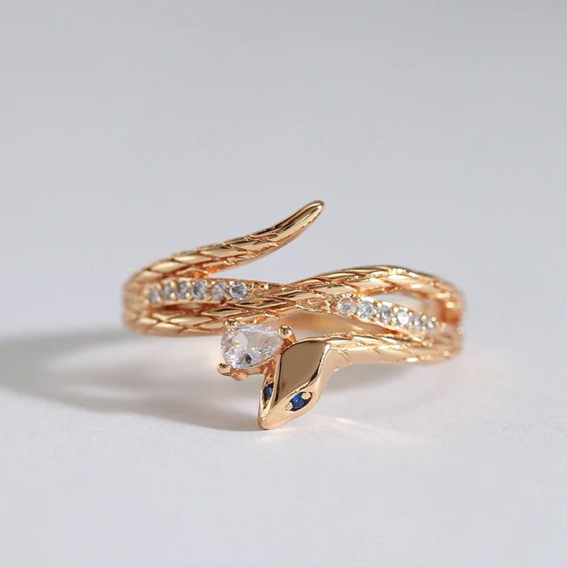 Vintage Punk Rock Snake Ring in 585 Rose Gold with Natural Zircon Accents