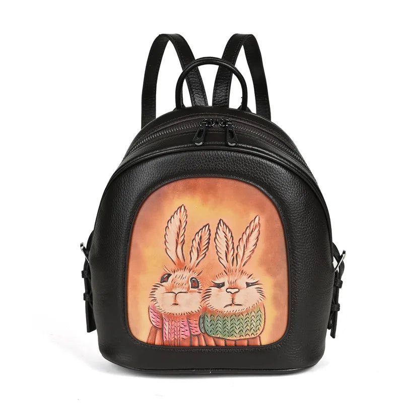 Vintage Rabbit Print Genuine Leather Women's Backpack - Stylish & Spacious Cowhide Travel Bag