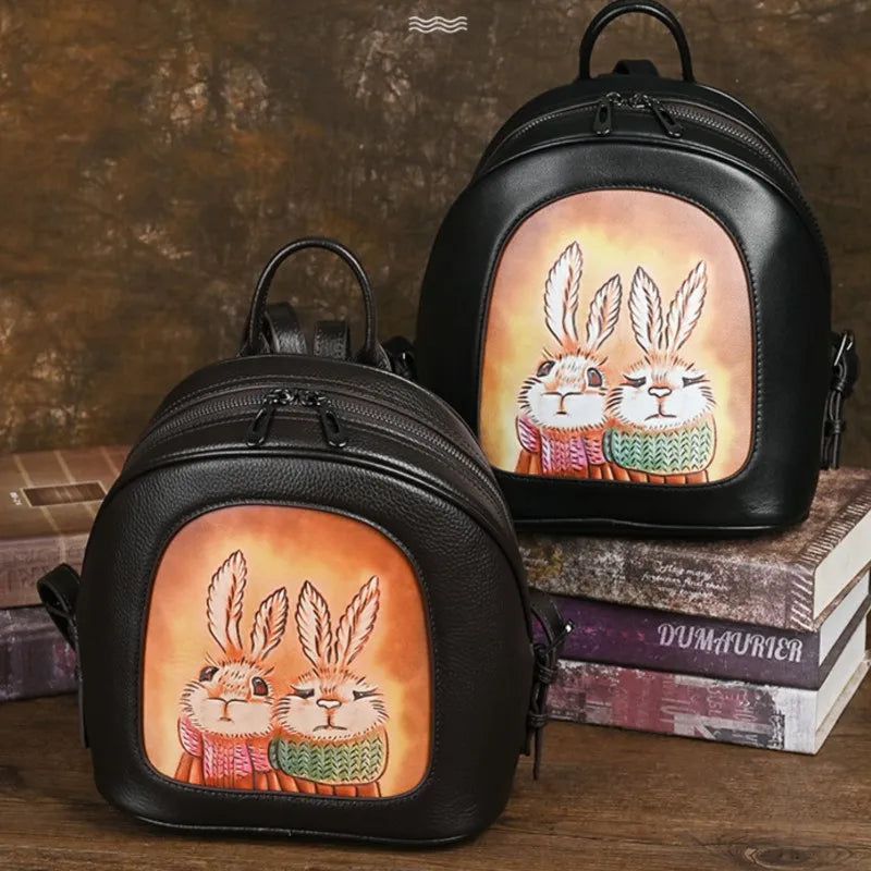 Vintage Rabbit Print Genuine Leather Women's Backpack - Stylish & Spacious Cowhide Travel Bag