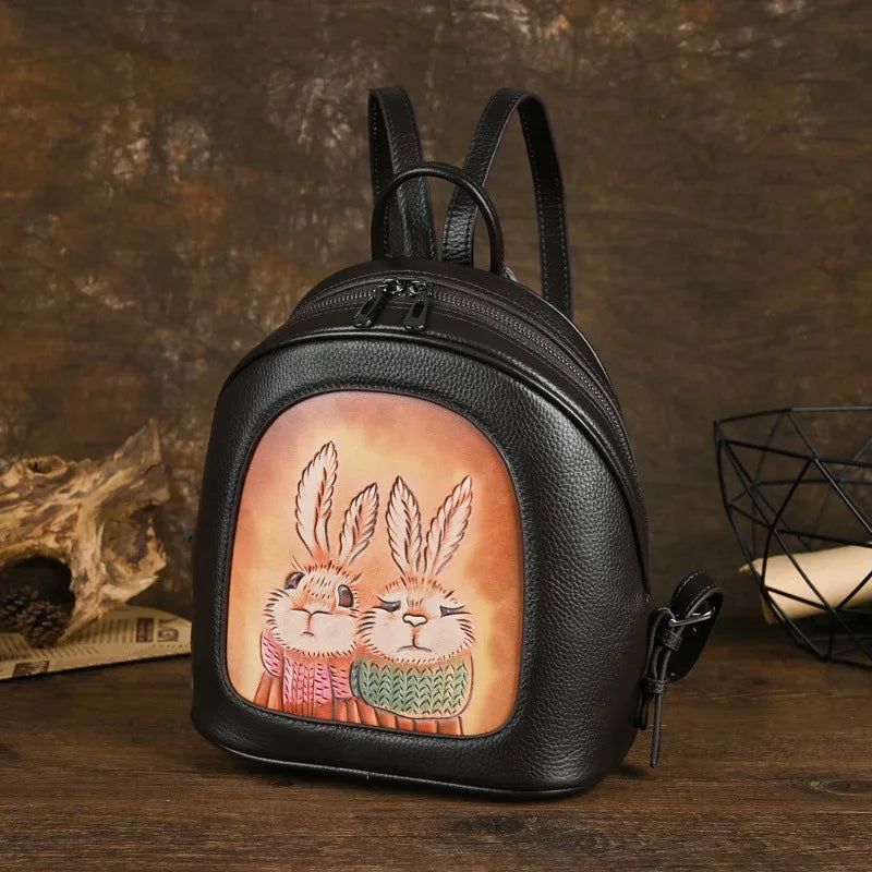 Vintage Rabbit Print Genuine Leather Women's Backpack - Stylish & Spacious Cowhide Travel Bag