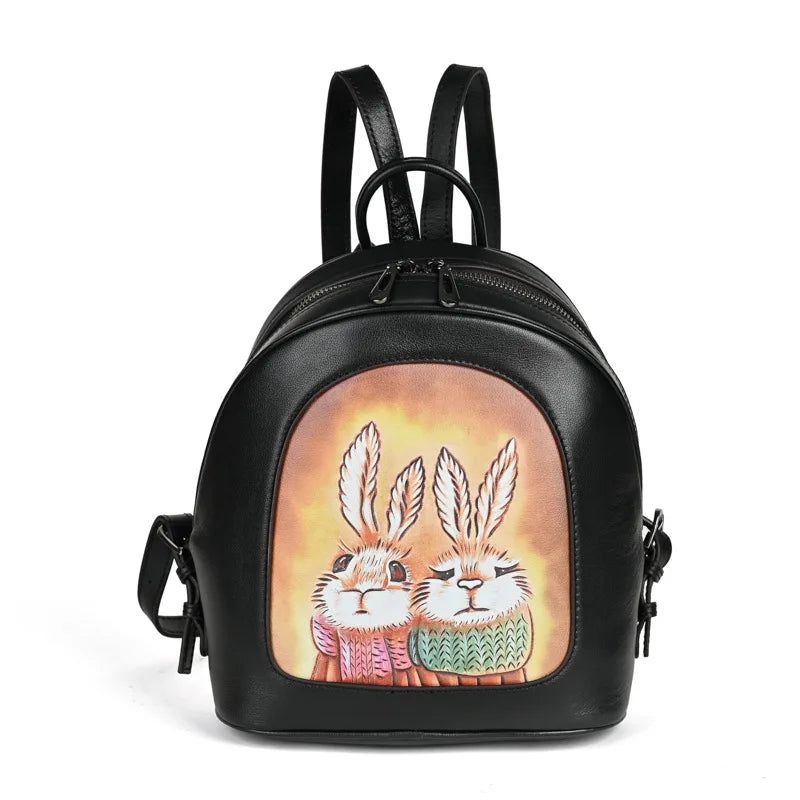 Vintage Rabbit Print Genuine Leather Women's Backpack - Stylish & Spacious Cowhide Travel Bag