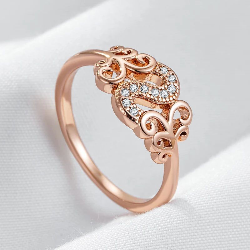 Vintage Rose Gold Crystal Flower Ring with Natural Zircon Accents