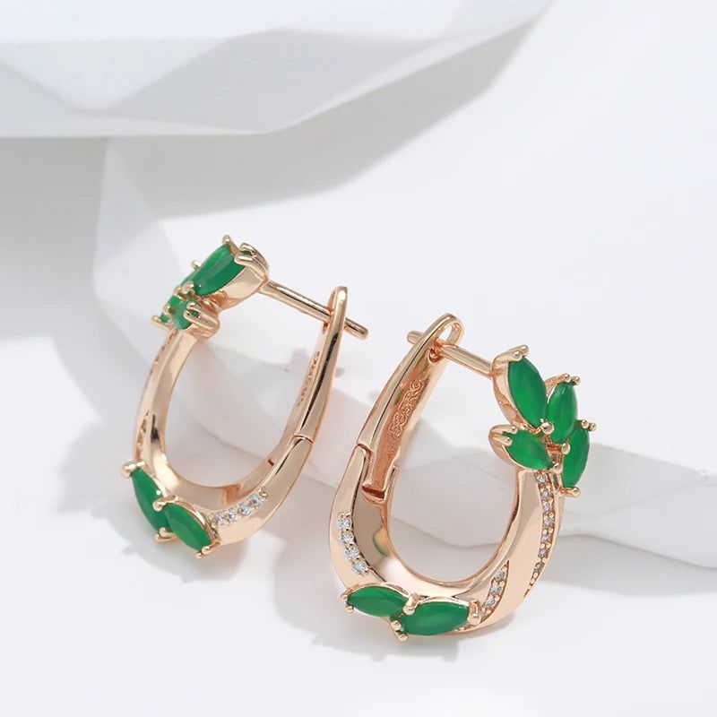 Vintage Rose Gold Drop Earrings with Hot Green Natural Zircon and White Accents