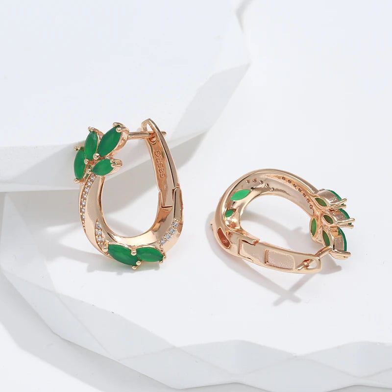 Vintage Rose Gold Drop Earrings with Hot Green Natural Zircon and White Accents