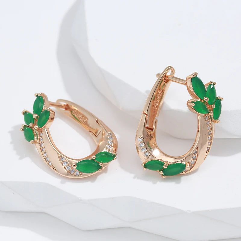 Vintage Rose Gold Drop Earrings with Hot Green Natural Zircon and White Accents