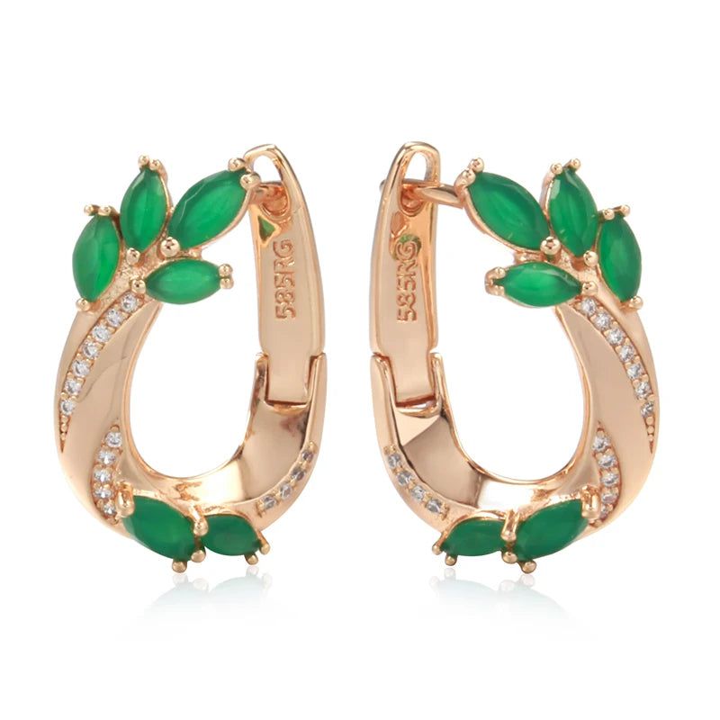 Vintage Rose Gold Drop Earrings with Hot Green Natural Zircon and White Accents