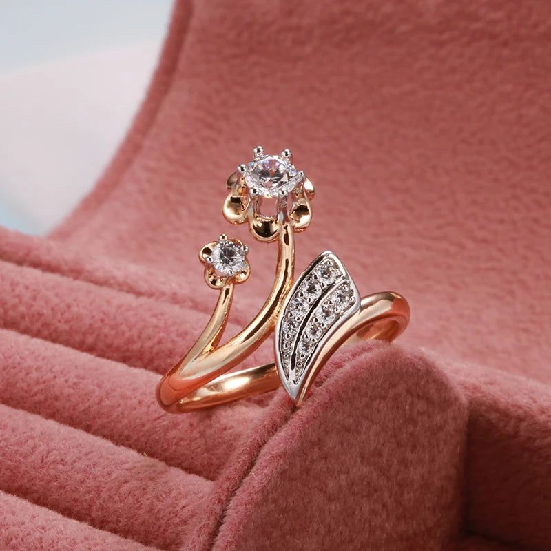 Vintage Rose Gold Flower Ring with Natural Zircon and Micro-wax Inlay Crystal