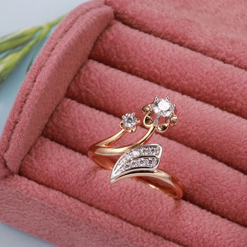 Vintage Rose Gold Flower Ring with Natural Zircon and Micro-wax Inlay Crystal