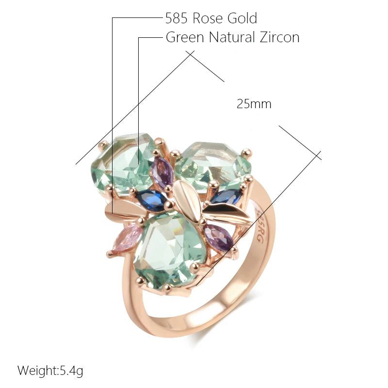 Vintage Rose Gold Green Stone Cocktail Ring with Natural Zircon and Mosaic Design