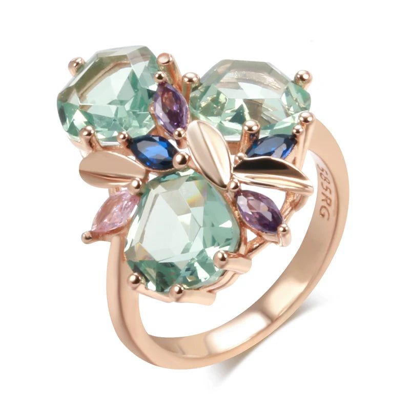 Vintage Rose Gold Green Stone Cocktail Ring with Natural Zircon and Mosaic Design