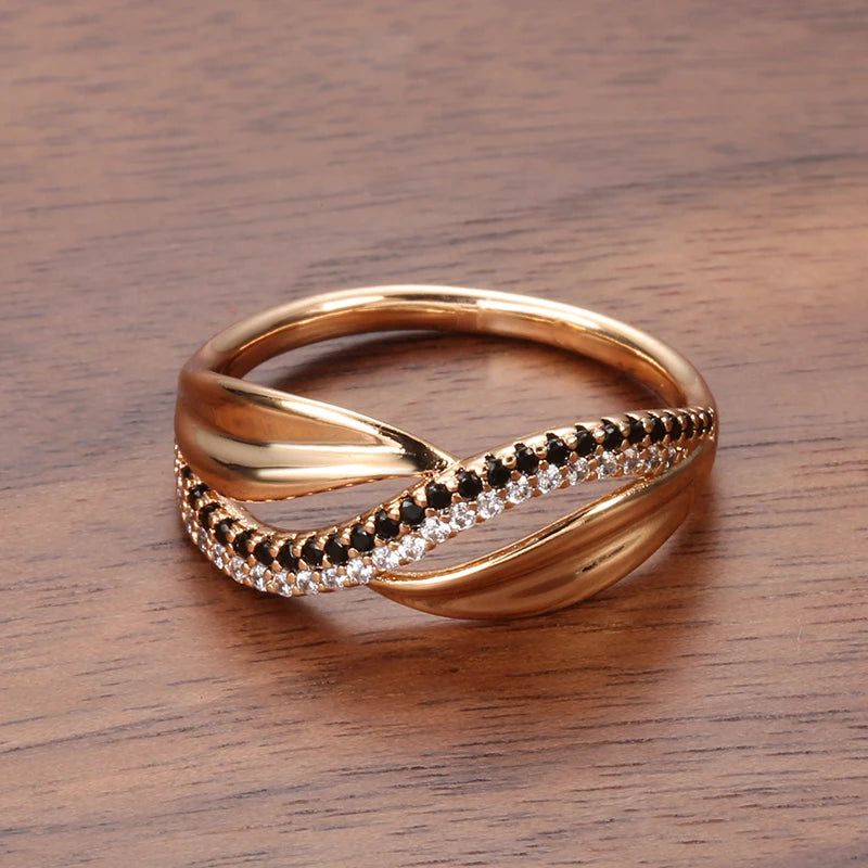 Vintage Rose Gold Hollow Wave Ring with Natural Zircon 585