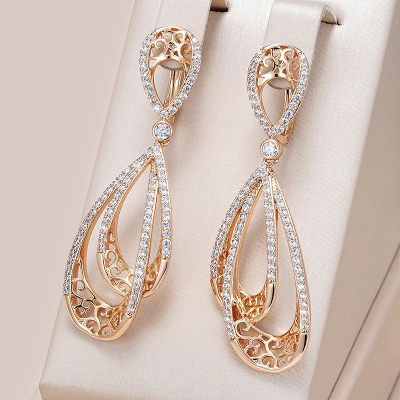 Vintage Rose Gold Long Drop Earrings with Natural Zircon Accents