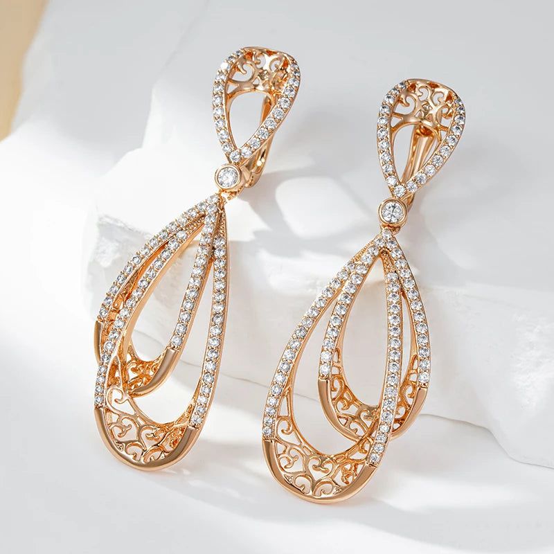 Vintage Rose Gold Long Drop Earrings with Natural Zircon Accents