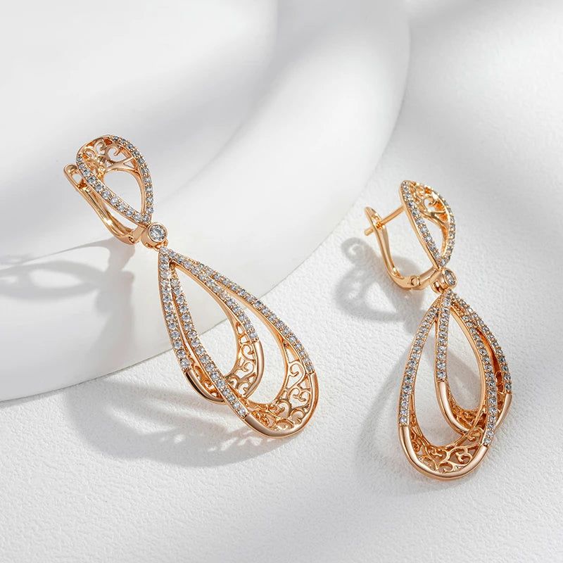 Vintage Rose Gold Long Drop Earrings with Natural Zircon Accents