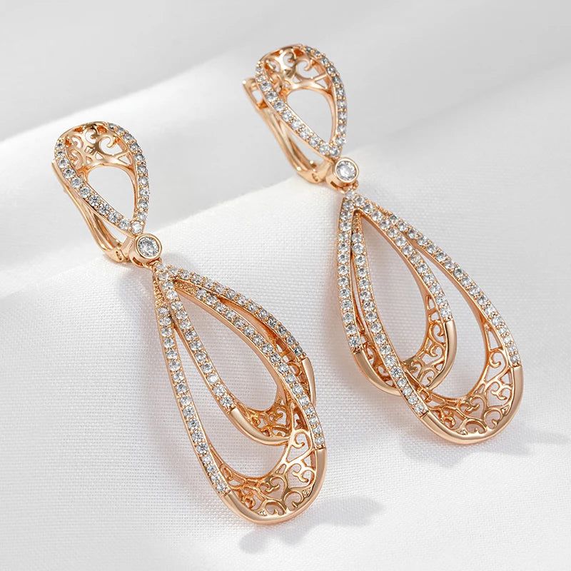 Vintage Rose Gold Long Drop Earrings with Natural Zircon Accents