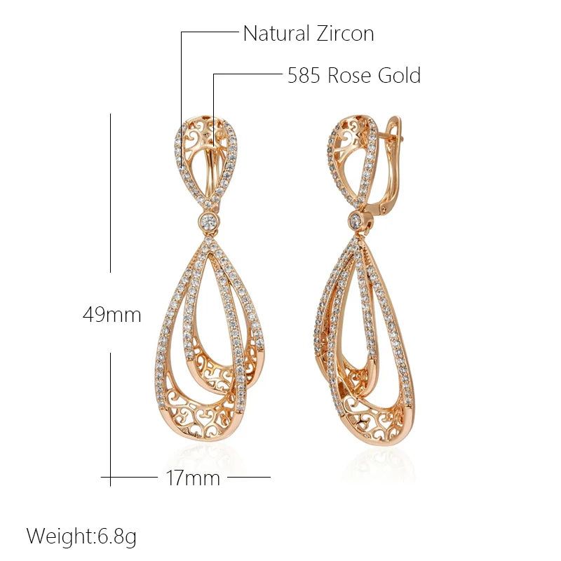 Vintage Rose Gold Long Drop Earrings with Natural Zircon Accents