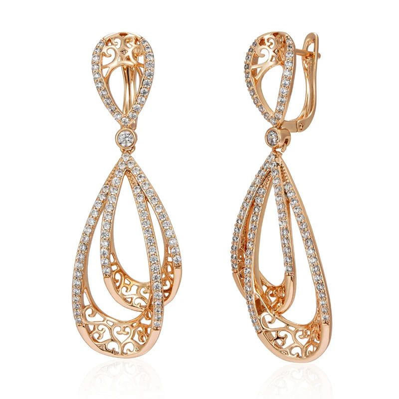 Vintage Rose Gold Long Drop Earrings with Natural Zircon Accents