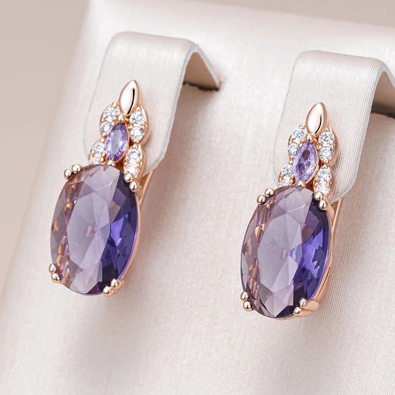 Vintage Rose Gold Sparkling Purple Oval Natural Zircon Drop Earrings