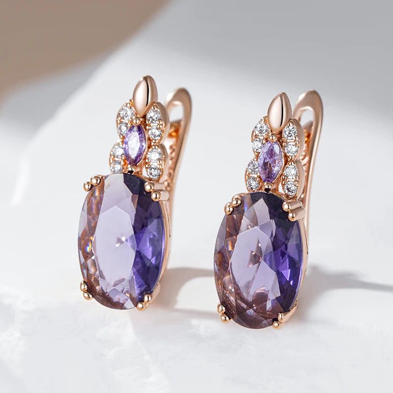 Vintage Rose Gold Sparkling Purple Oval Natural Zircon Drop Earrings