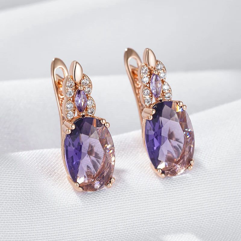 Vintage Rose Gold Sparkling Purple Oval Natural Zircon Drop Earrings