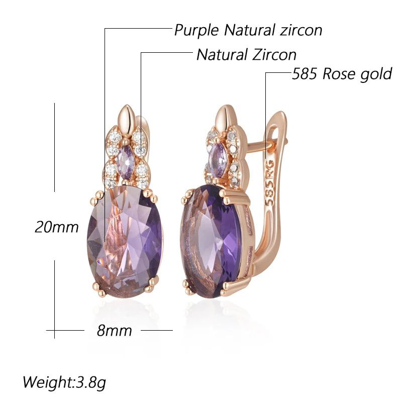 Vintage Rose Gold Sparkling Purple Oval Natural Zircon Drop Earrings