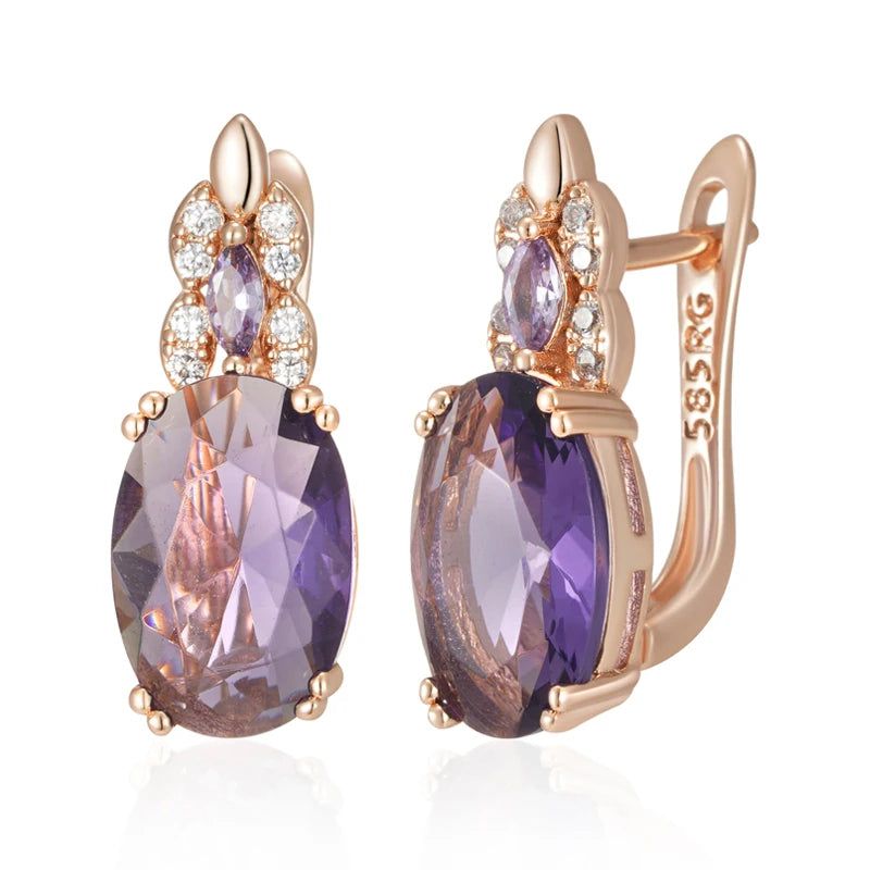 Vintage Rose Gold Sparkling Purple Oval Natural Zircon Drop Earrings