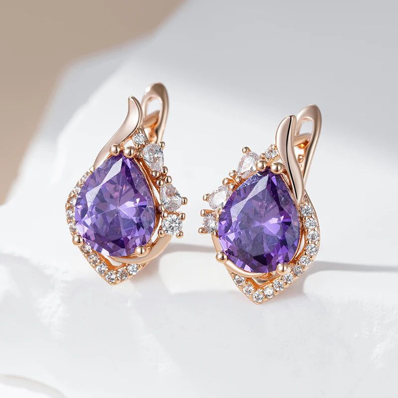 Vintage Rose Gold Sparkling Purple Zircon Drop Earrings