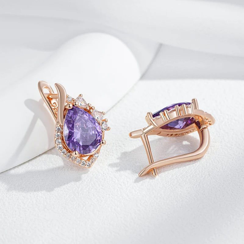 Vintage Rose Gold Sparkling Purple Zircon Drop Earrings