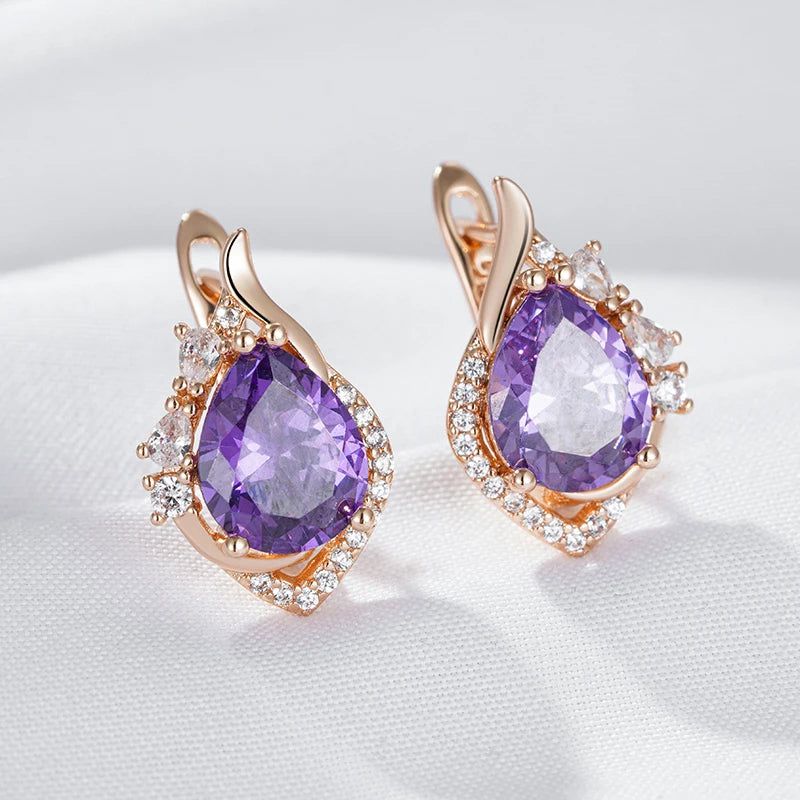 Vintage Rose Gold Sparkling Purple Zircon Drop Earrings