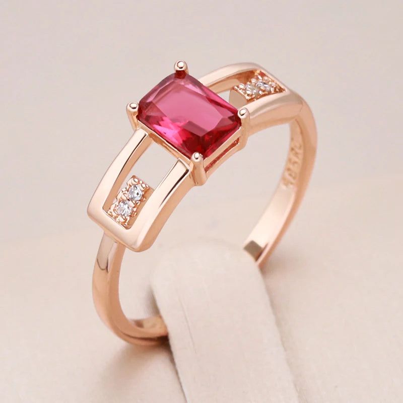 Vintage Rose Gold Square Ring with Red Natural Zircon - Elegant Cocktail Jewelry