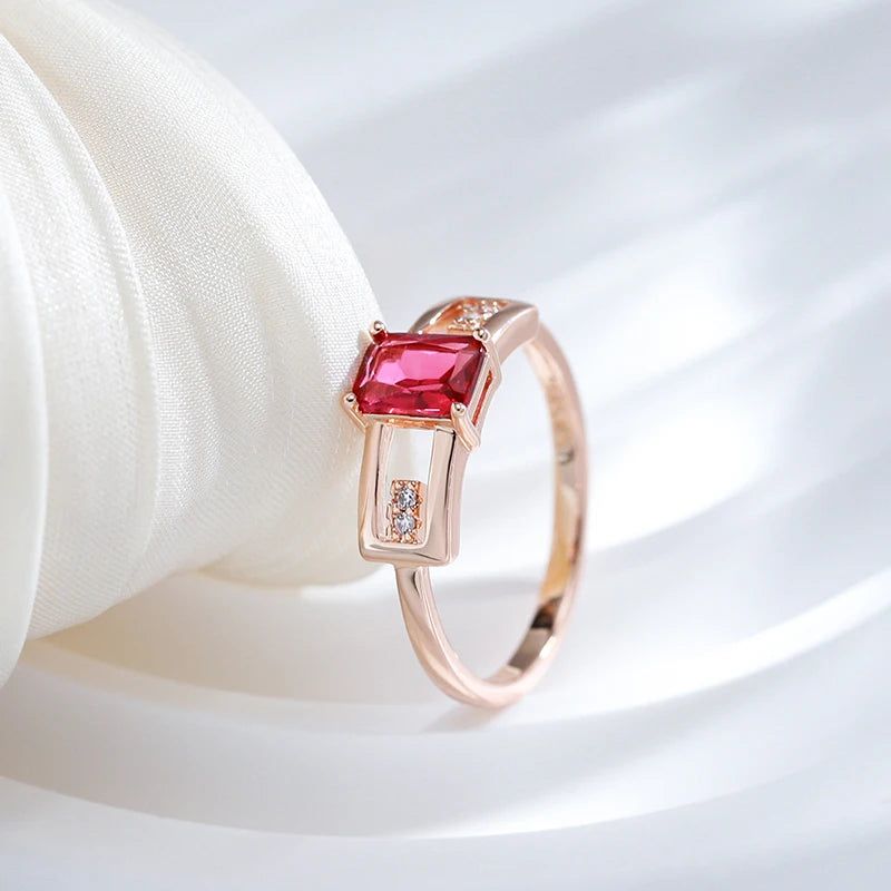 Vintage Rose Gold Square Ring with Red Natural Zircon - Elegant Cocktail Jewelry