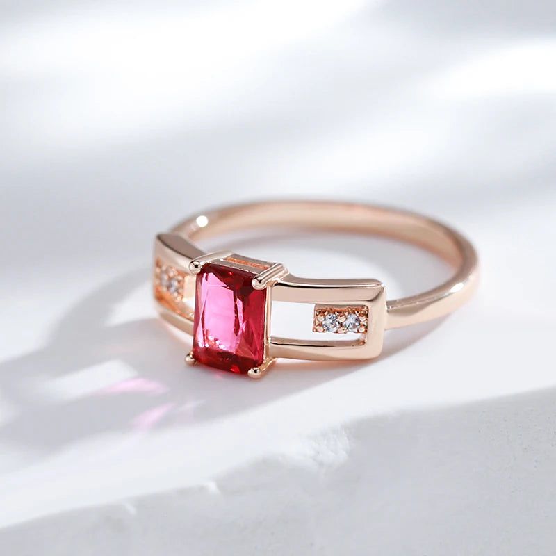 Vintage Rose Gold Square Ring with Red Natural Zircon - Elegant Cocktail Jewelry