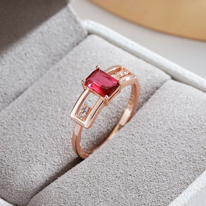 Vintage Rose Gold Square Ring with Red Natural Zircon - Elegant Cocktail Jewelry